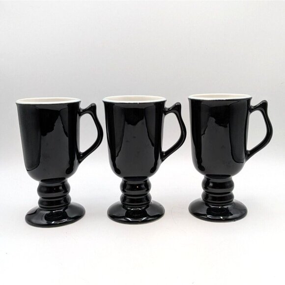 HALL Pedestal Footed Irish Coffee Mug Cup 1272 Set of 3 Black White 8 oz